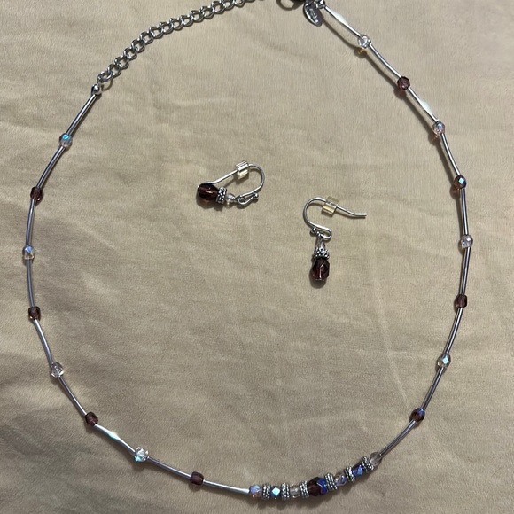 18 inch or less necklace with purple and iridescent beads. Matching earrings - Picture 1 of 3
